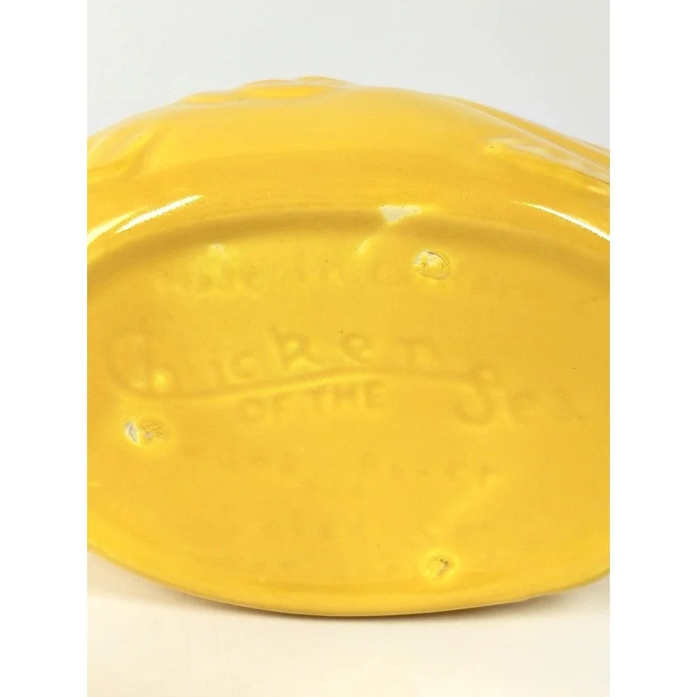 Vintage Pottery Chicken of the Sea Tuna Baker Yellow Fish - Original Stand Incl